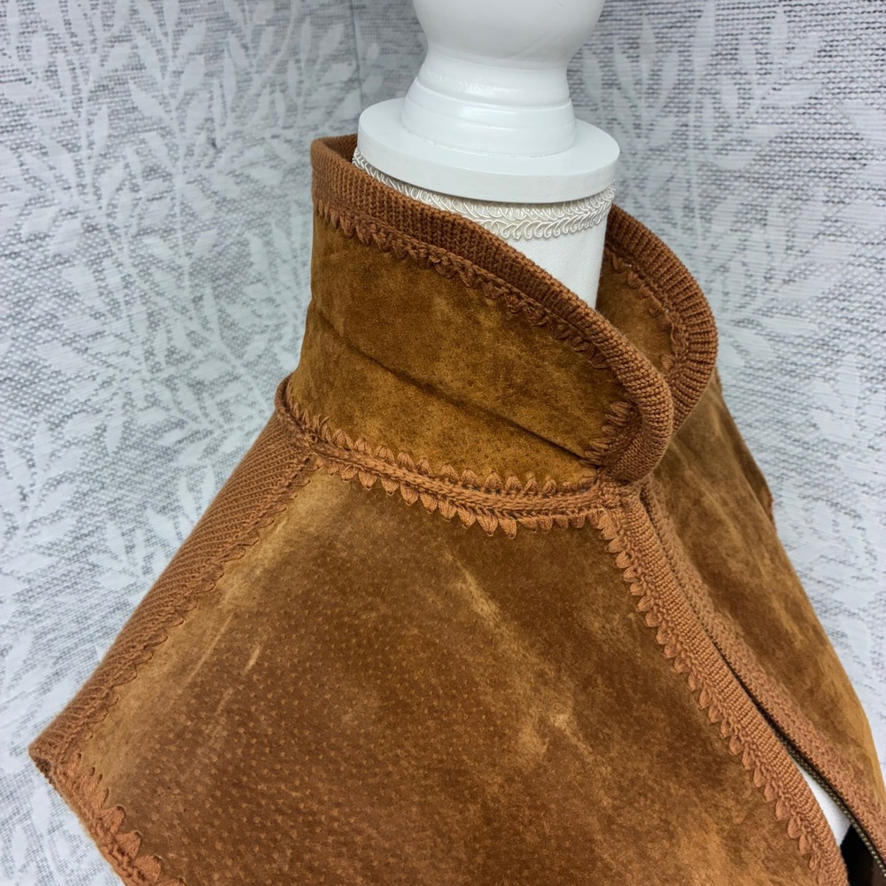 Lisa International Suede Knit Vest Womens XL Brown Crochet Zip Front Vintage 70s - Picture 8 of 13